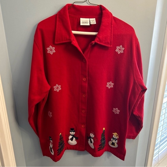 Premier Sweaters - Vintage Jason Maxwell Christmas Button Up Fleece Light Weight Jacket Shirt Sz XL